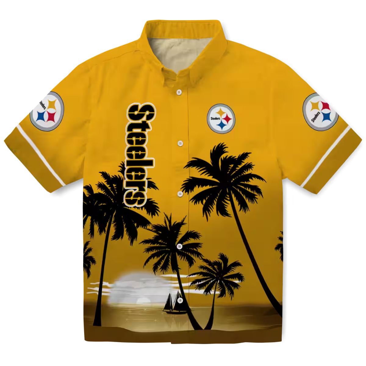 Unisex Pittsburgh Steelers Gold Black Hawaiian Shirt with Beach Sunset Palm Tree Print - Tropical Button-Down