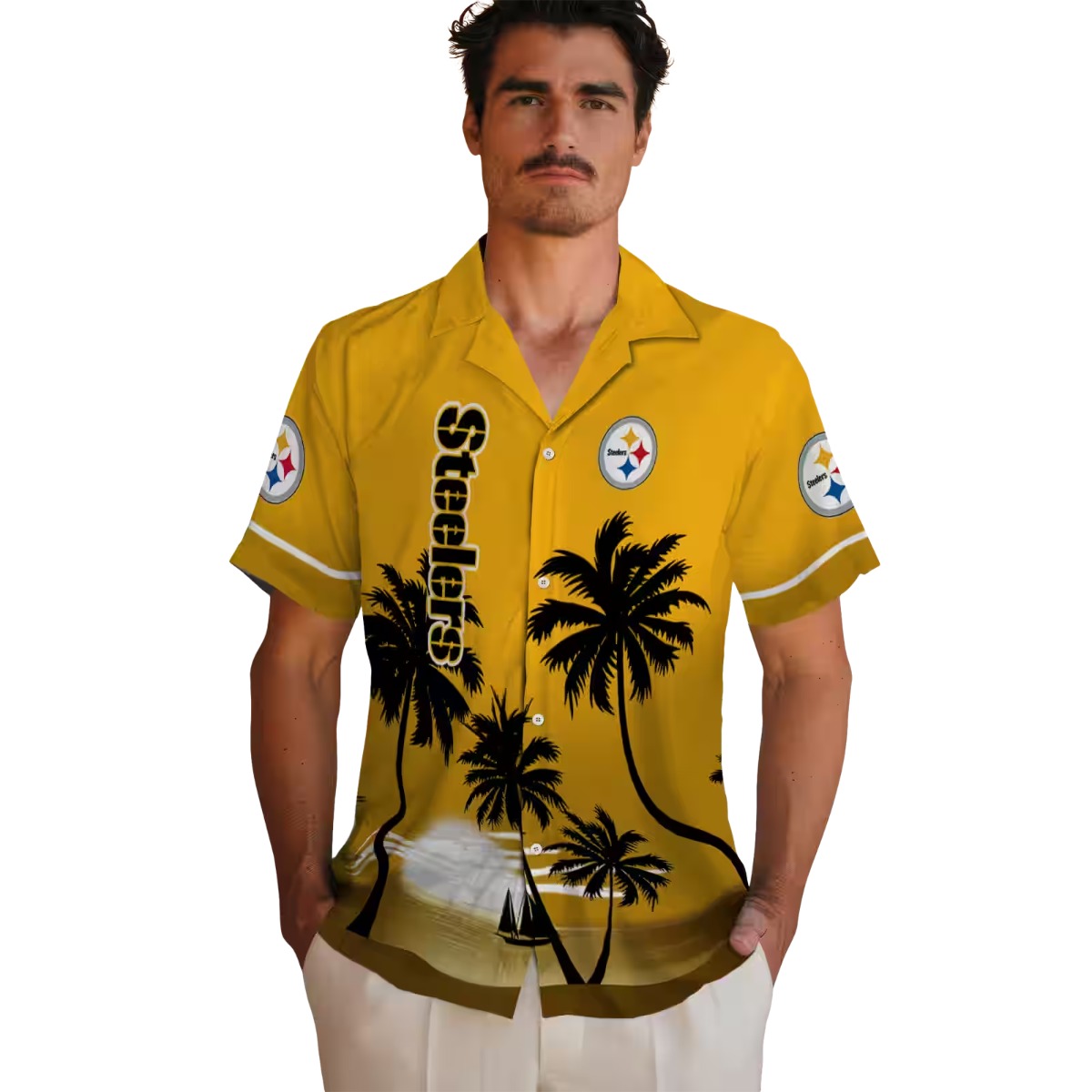 Unisex Pittsburgh Steelers Gold Black Hawaiian Shirt with Beach Sunset Palm Tree Print - Tropical Button-Down