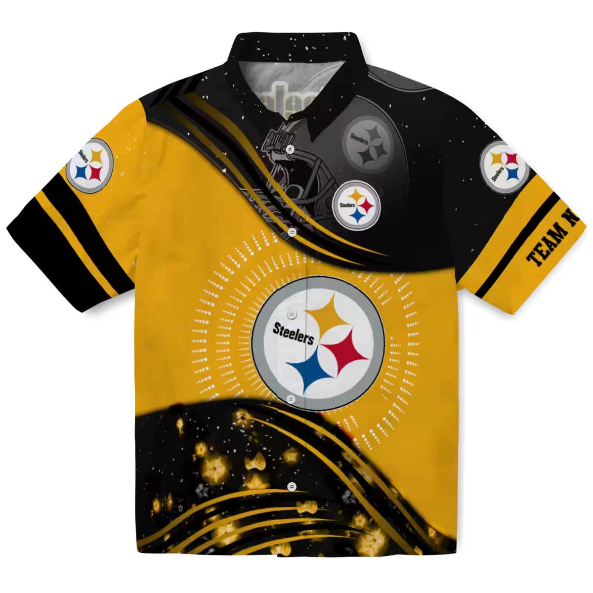 Unisex Pittsburgh Steelers Gold Black Wave Hawaiian Shirt with Football Helmet Graphic - Casual Button-Down