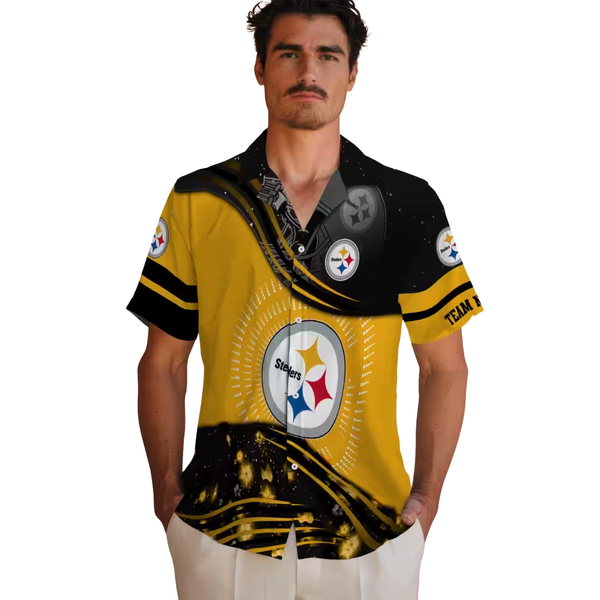 Unisex Pittsburgh Steelers Gold Black Wave Hawaiian Shirt with Football Helmet Graphic - Casual Button-Down