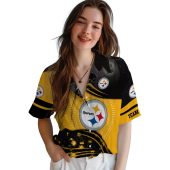 Unisex Pittsburgh Steelers Gold Black Wave Hawaiian Shirt With Football Helmet Graphic Casual Button Down 4 Ti42o.jpg - sohemix