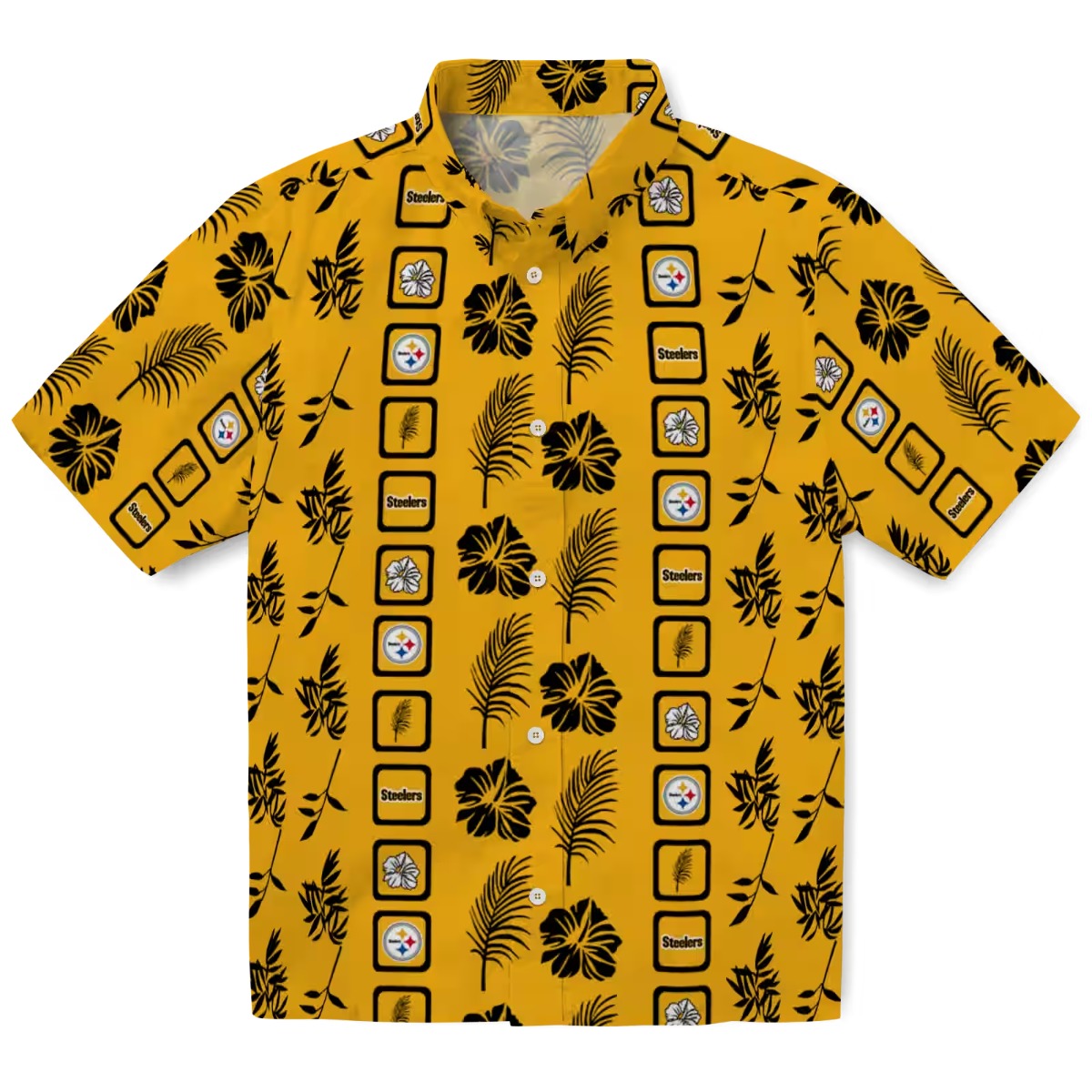 Unisex Pittsburgh Steelers Gold Framed Floral Tropical Hawaiian Button-Down Shirt Short Sleeve