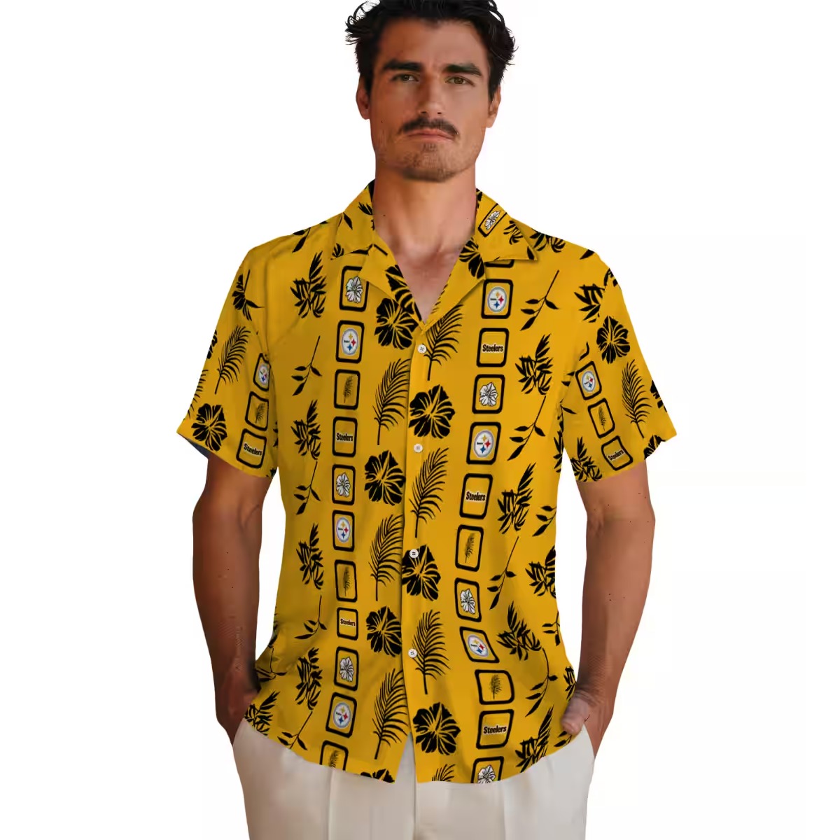 Unisex Pittsburgh Steelers Gold Framed Floral Tropical Hawaiian Button-Down Shirt Short Sleeve