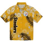 Unisex Pittsburgh Steelers Gold Hawaiian Shirt With Tropical Hibiscus Flower And Palm Leaf Print Button Down 1 1zzw7.jpg - sohemix