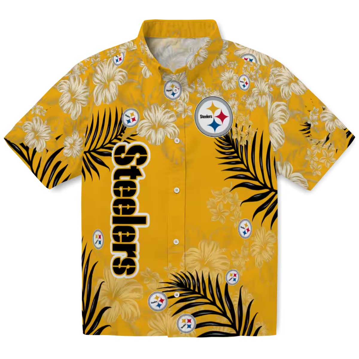 Unisex Pittsburgh Steelers Gold Hawaiian Shirt with Tropical Hibiscus Flower and Palm Leaf Print - Button-Down