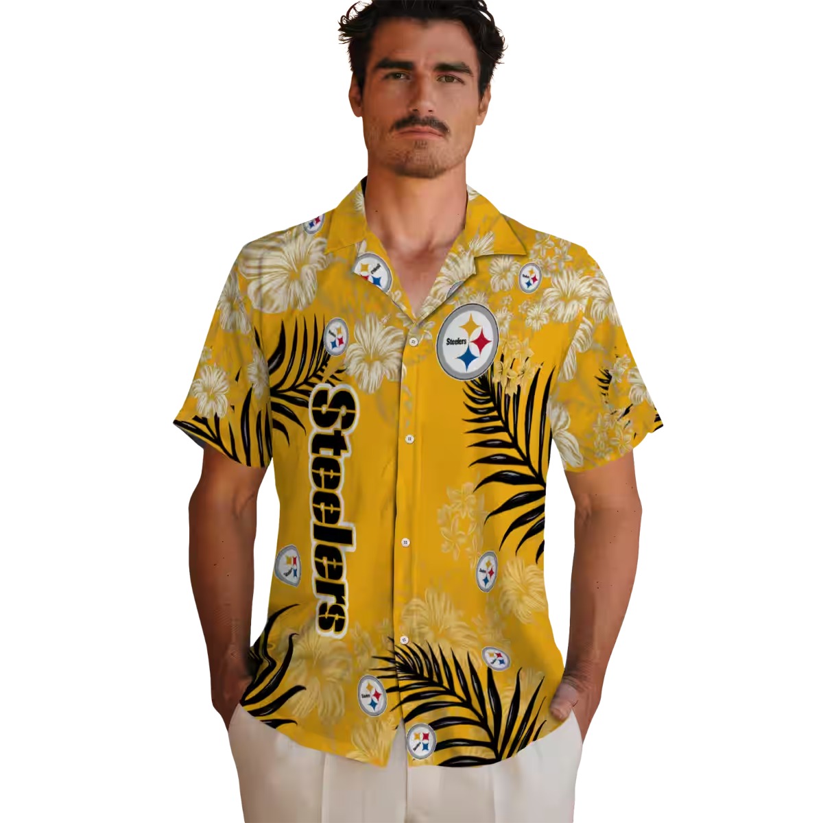 Unisex Pittsburgh Steelers Gold Hawaiian Shirt with Tropical Hibiscus Flower and Palm Leaf Print - Button-Down