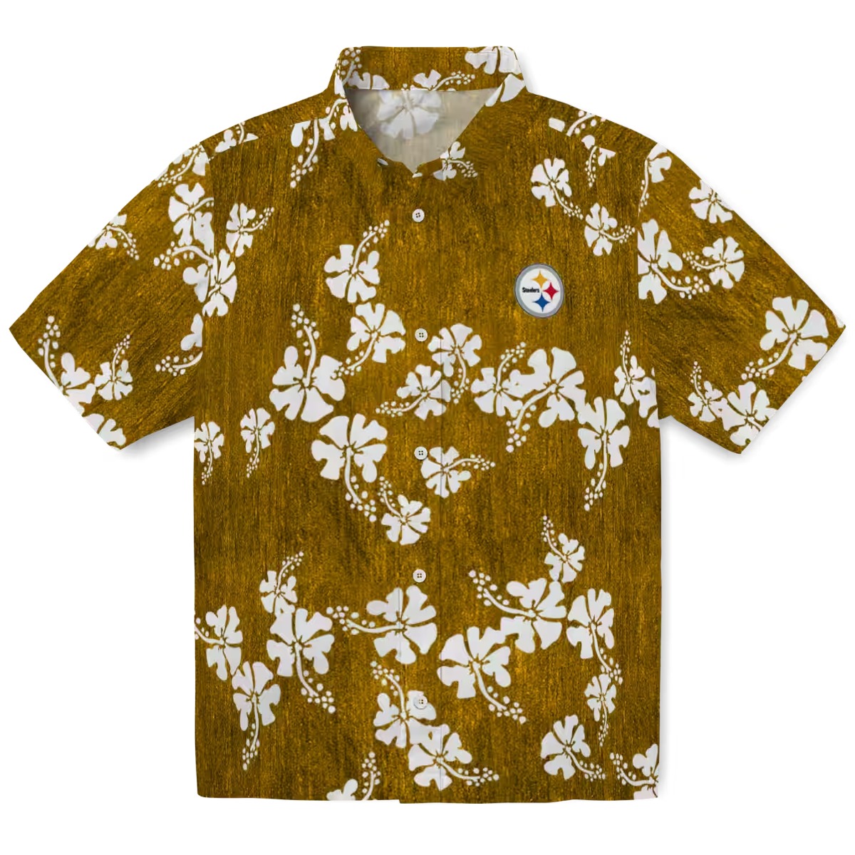 Unisex Pittsburgh Steelers Gold Hawaiian Shirt with White Hibiscus Floral Print Casual Button-Down