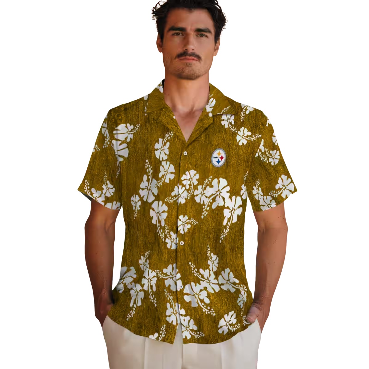 Unisex Pittsburgh Steelers Gold Hawaiian Shirt with White Hibiscus Floral Print Casual Button-Down