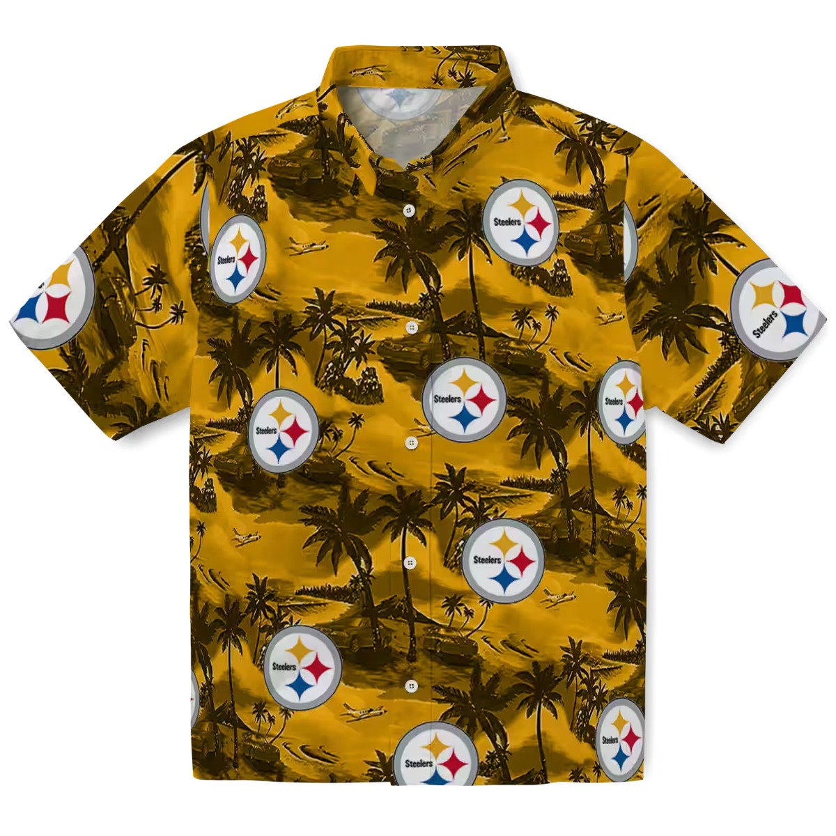 Unisex Pittsburgh Steelers Gold Tropical Hawaiian Button Down Shirt with Palm Tree Beach Print