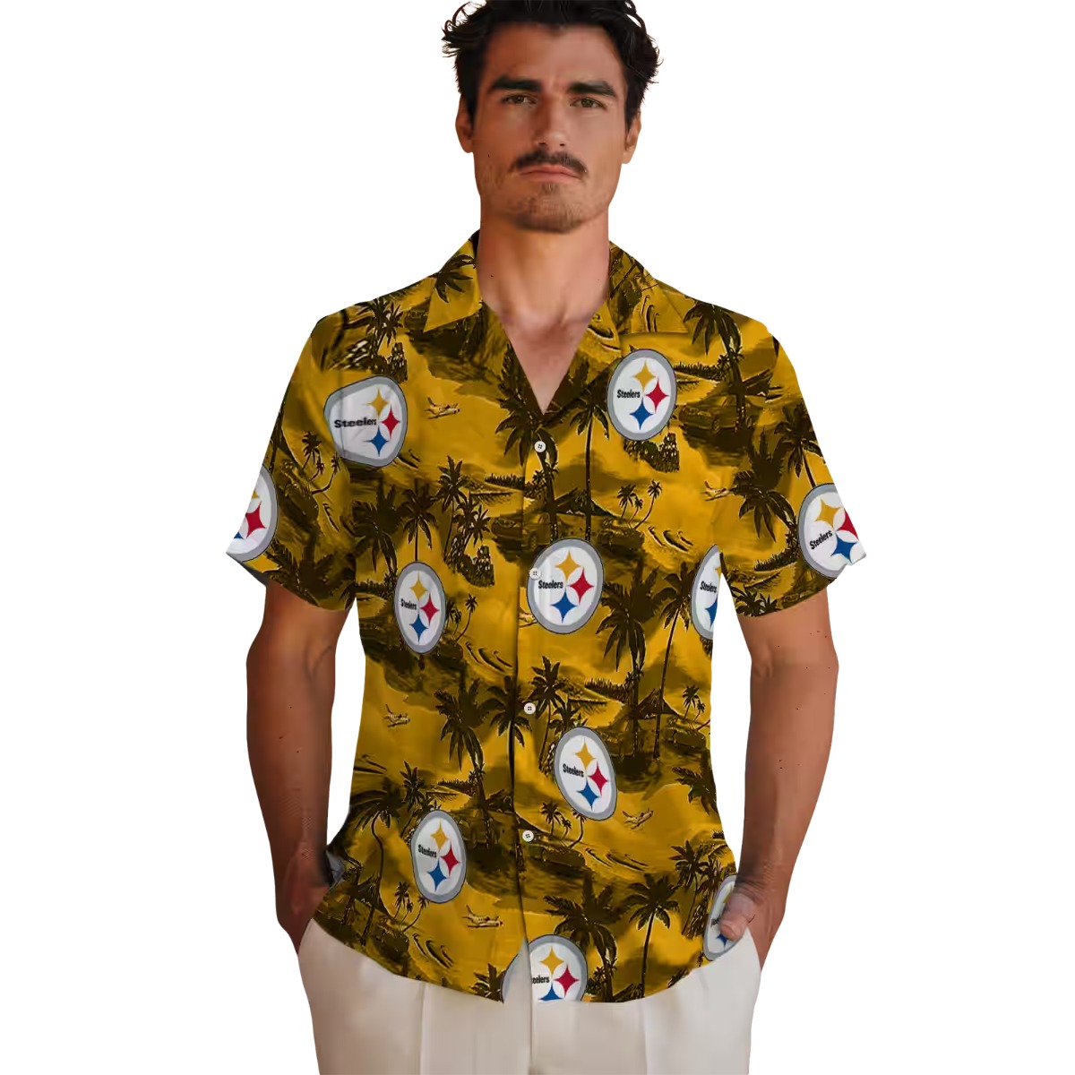 Unisex Pittsburgh Steelers Gold Tropical Hawaiian Button Down Shirt with Palm Tree Beach Print