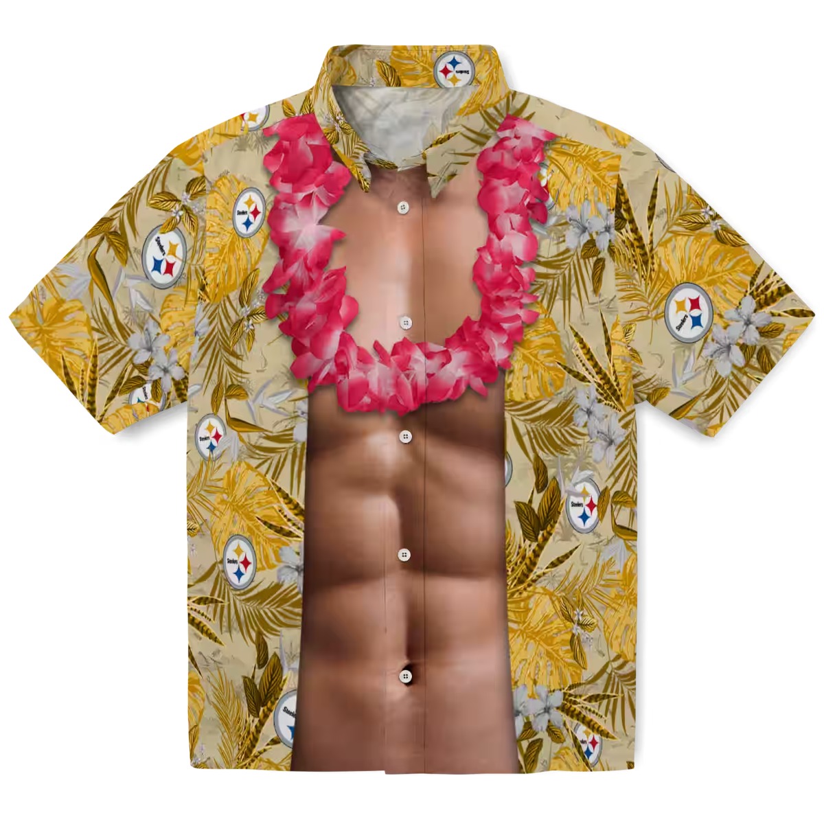 Unisex Pittsburgh Steelers Gold Tropical Hawaiian Shirt with Muscular Chest Illusion Print - Casual Button-Down