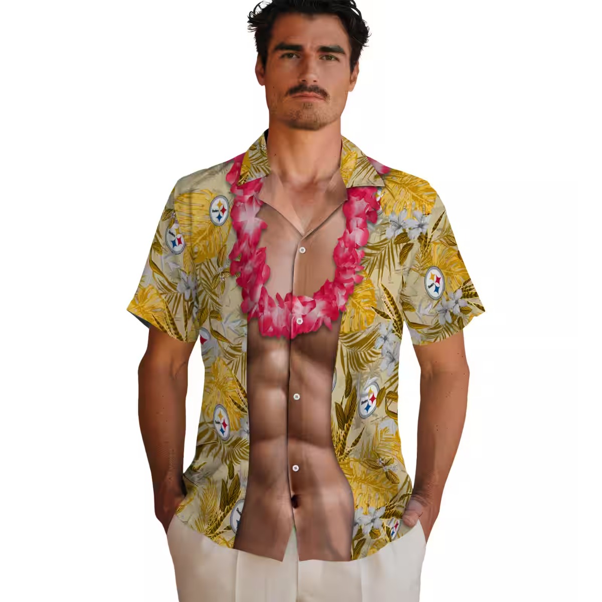 Unisex Pittsburgh Steelers Gold Tropical Hawaiian Shirt with Muscular Chest Illusion Print - Casual Button-Down