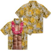 Unisex Pittsburgh Steelers Gold Tropical Hawaiian Shirt With Muscular Chest Illusion Print Casual Button Down 3 Cmc4o.jpg - sohemix