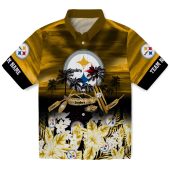 Unisex Pittsburgh Steelers Gold Yellow Tropical Hawaiian Button Down Shirt With Canoe Palm Trees And Floral Print 1 Vy2ax.jpg - sohemix