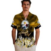 Unisex Pittsburgh Steelers Gold Yellow Tropical Hawaiian Button Down Shirt With Canoe Palm Trees And Floral Print 2 Q4e85.jpg - sohemix