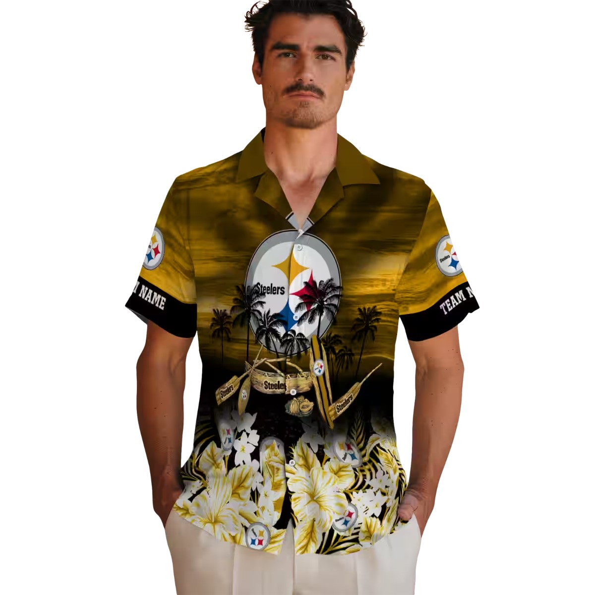Unisex Pittsburgh Steelers Gold Yellow Tropical Hawaiian Button-Down Shirt with Canoe, Palm Trees, and Floral Print