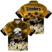 Unisex Pittsburgh Steelers Gold Yellow Tropical Hawaiian Button Down Shirt With Canoe Palm Trees And Floral Print 3 Kkry5.jpg - sohemix
