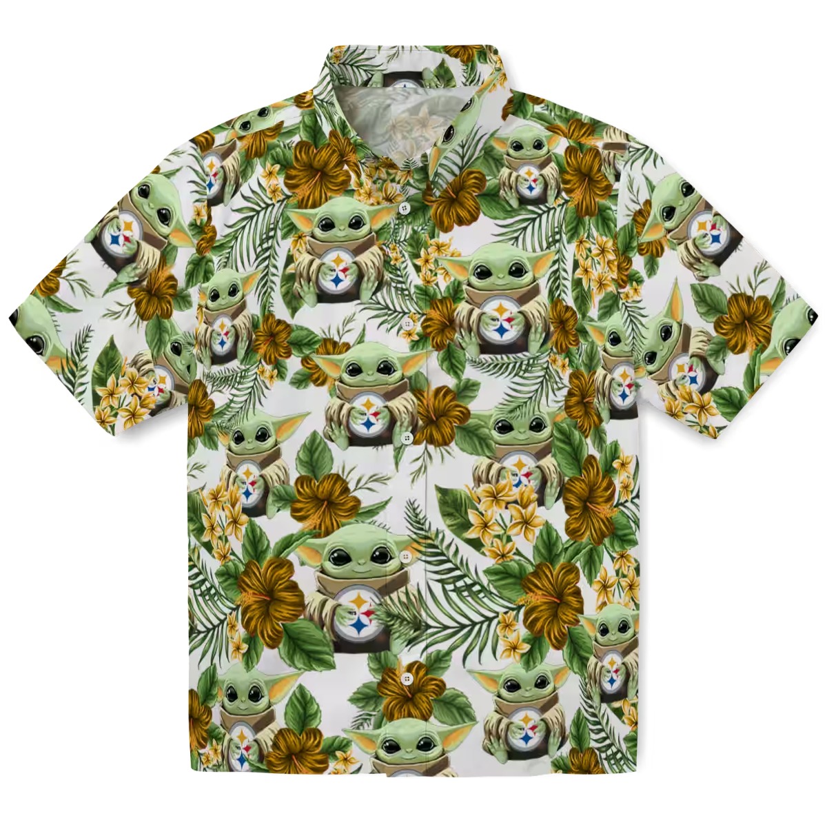 Unisex Pittsburgh Steelers Grogu Tropical Floral Print Hawaiian Button-Down Shirt