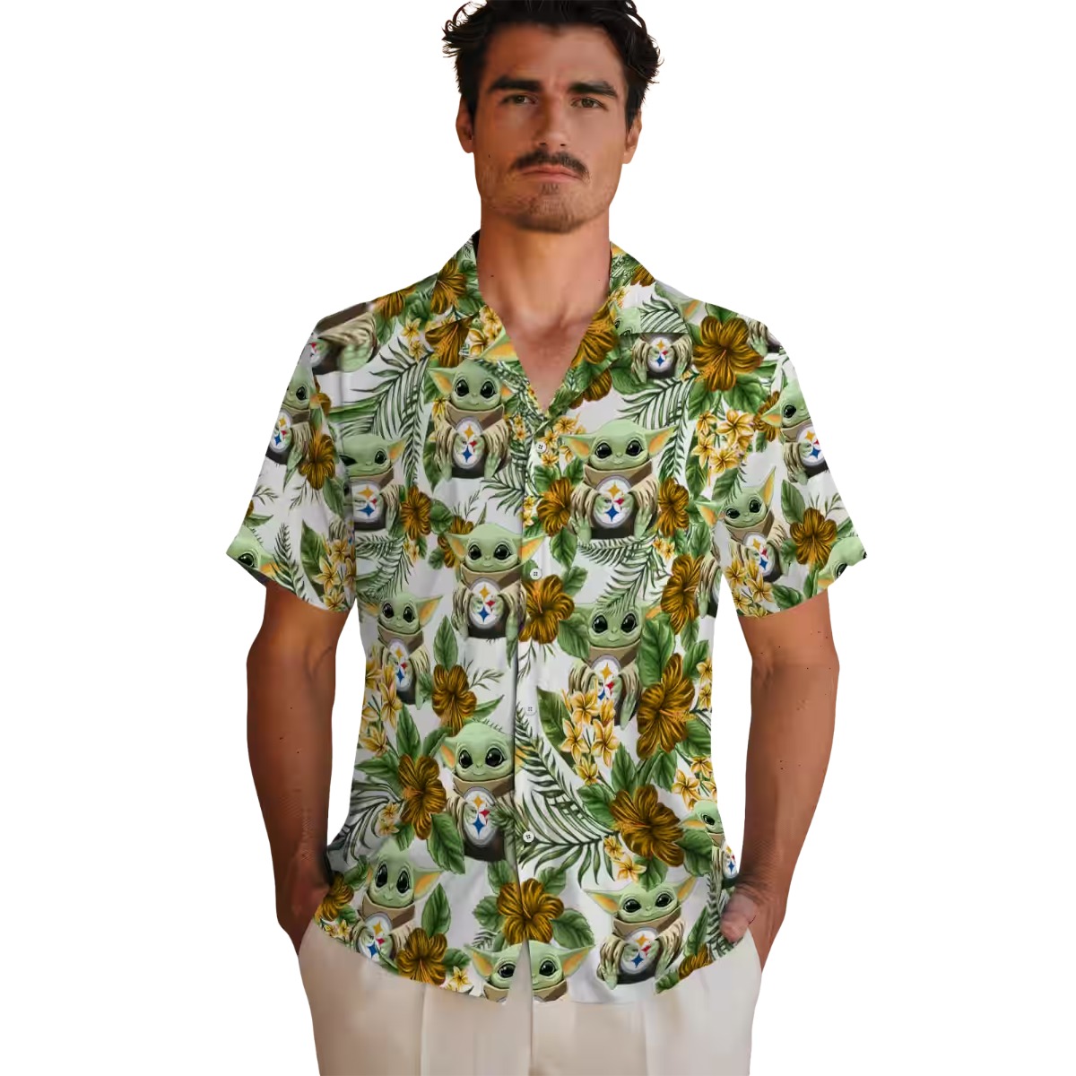 Unisex Pittsburgh Steelers Grogu Tropical Floral Print Hawaiian Button-Down Shirt