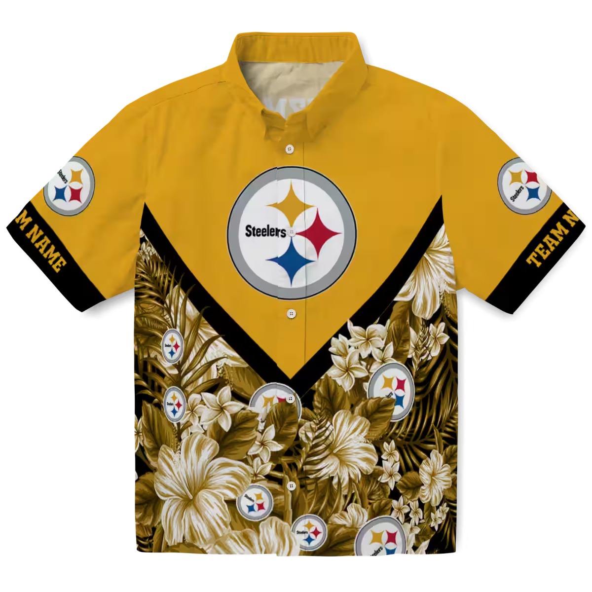 Unisex Pittsburgh Steelers Hawaiian Aloha Shirt Gold Yellow Tropical Floral Print Chevron Design Button Down