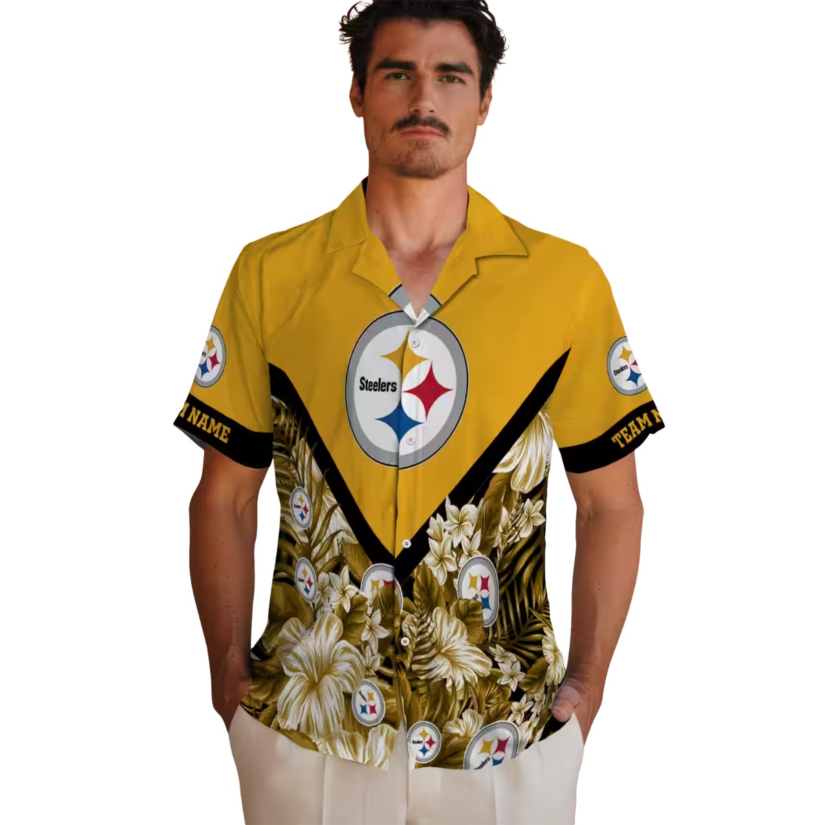 Unisex Pittsburgh Steelers Hawaiian Aloha Shirt Gold Yellow Tropical Floral Print Chevron Design Button Down