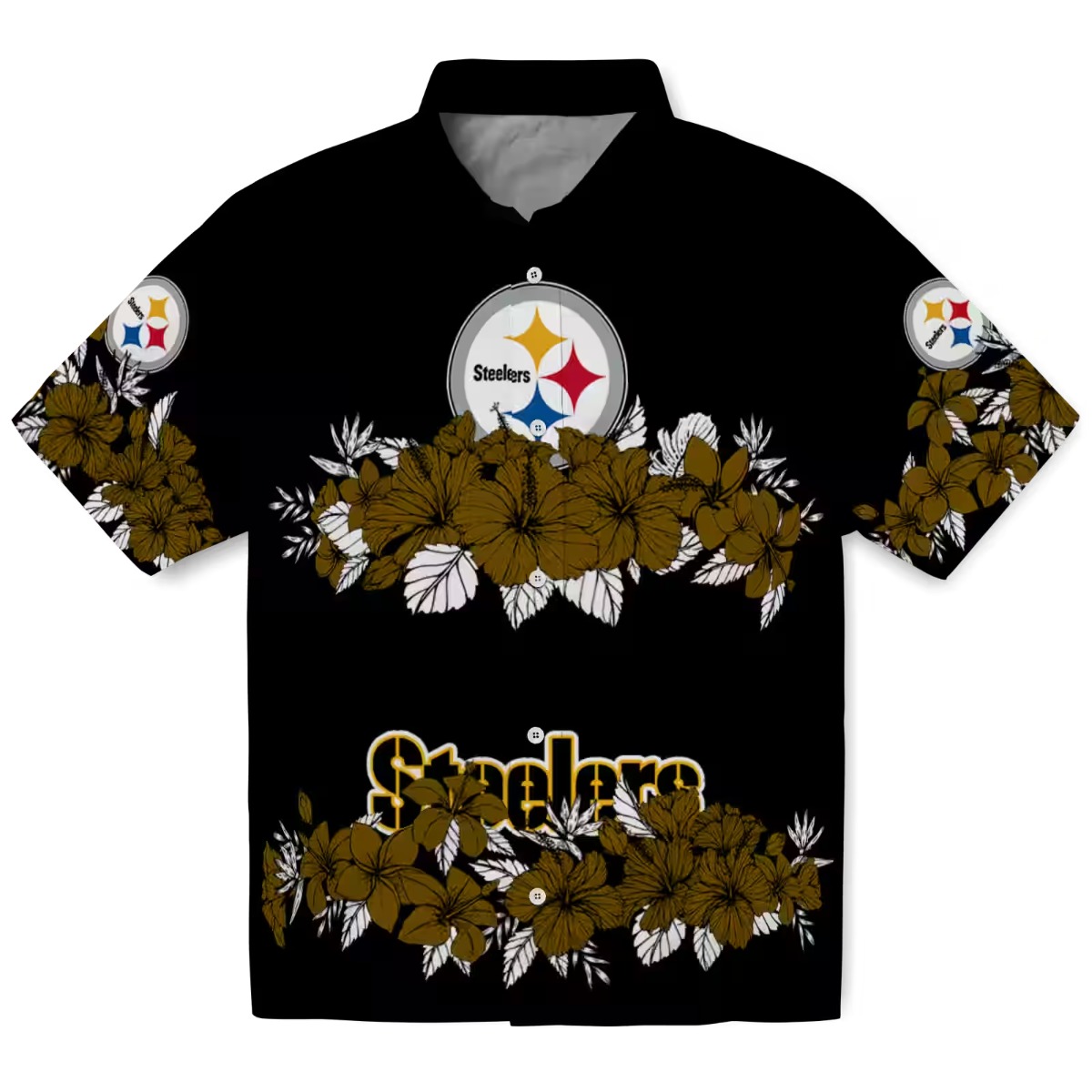 Unisex Pittsburgh Steelers Hawaiian Shirt - Black Gold Hibiscus Floral Print Casual Aloha Button Down