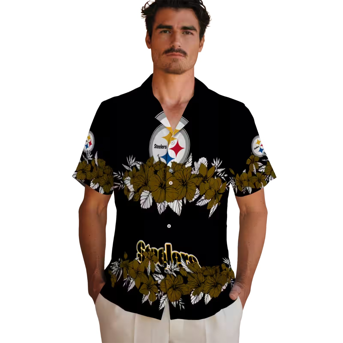 Unisex Pittsburgh Steelers Hawaiian Shirt - Black Gold Hibiscus Floral Print Casual Aloha Button Down