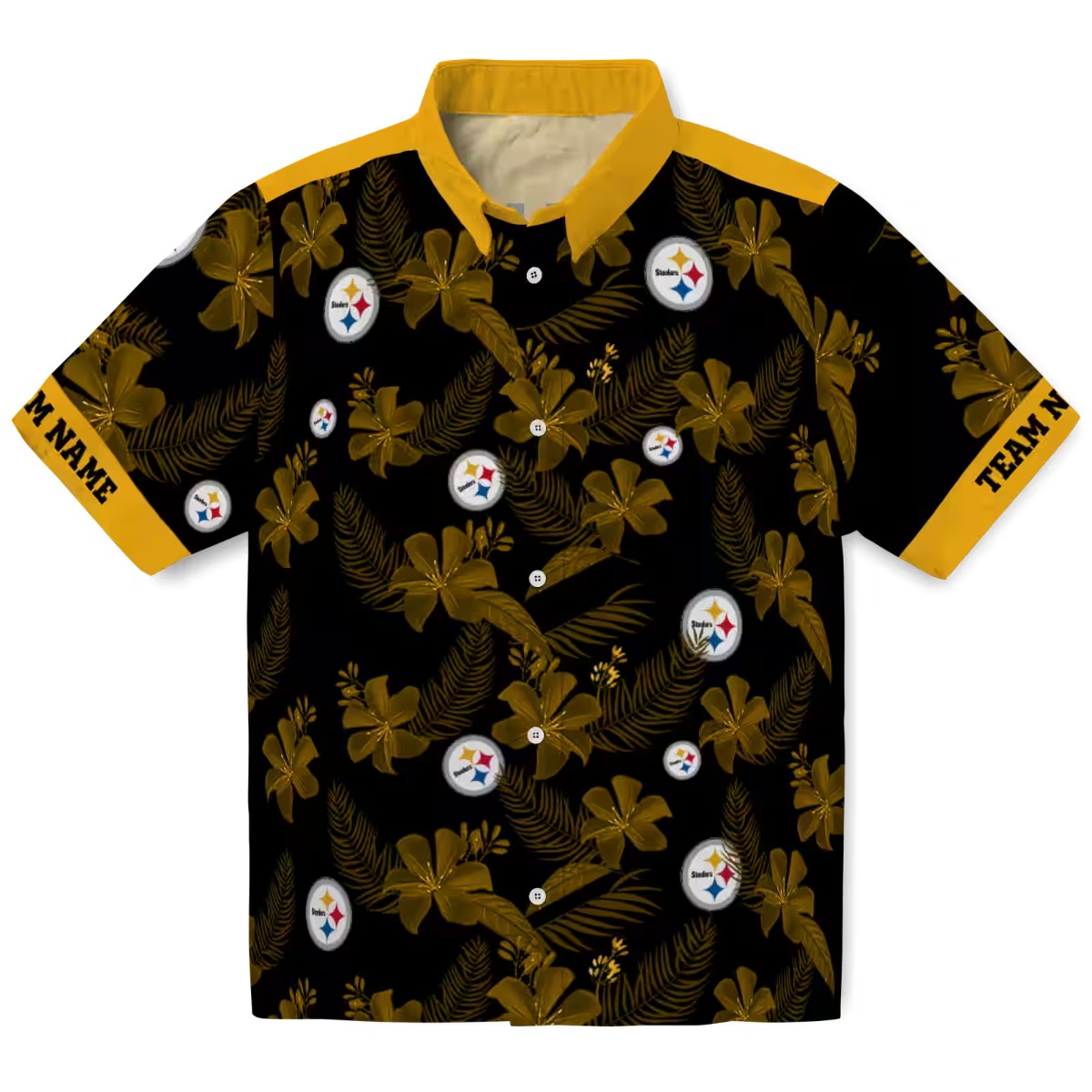 Unisex Pittsburgh Steelers Hawaiian Shirt - Black Tropical Floral and Team Logo Print Button Down