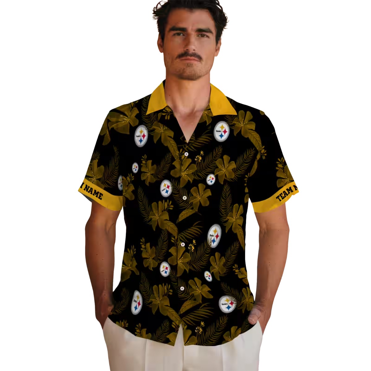 Unisex Pittsburgh Steelers Hawaiian Shirt - Black Tropical Floral and Team Logo Print Button Down