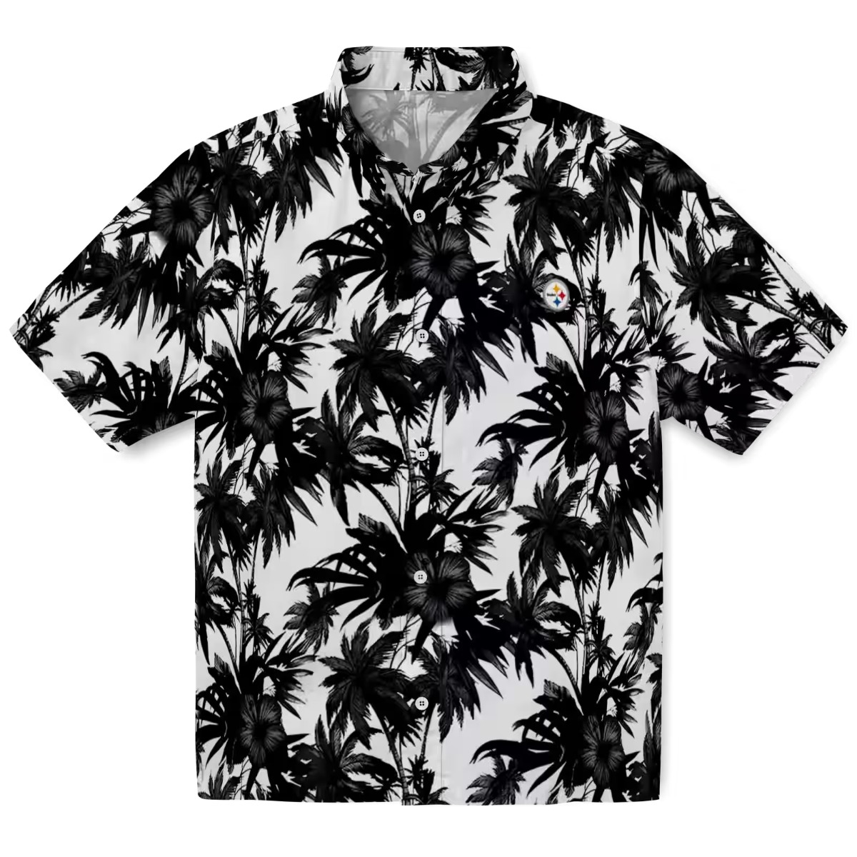 Unisex Pittsburgh Steelers Hawaiian Shirt Black White Palm Tree Tropical Print Short Sleeve Button Down