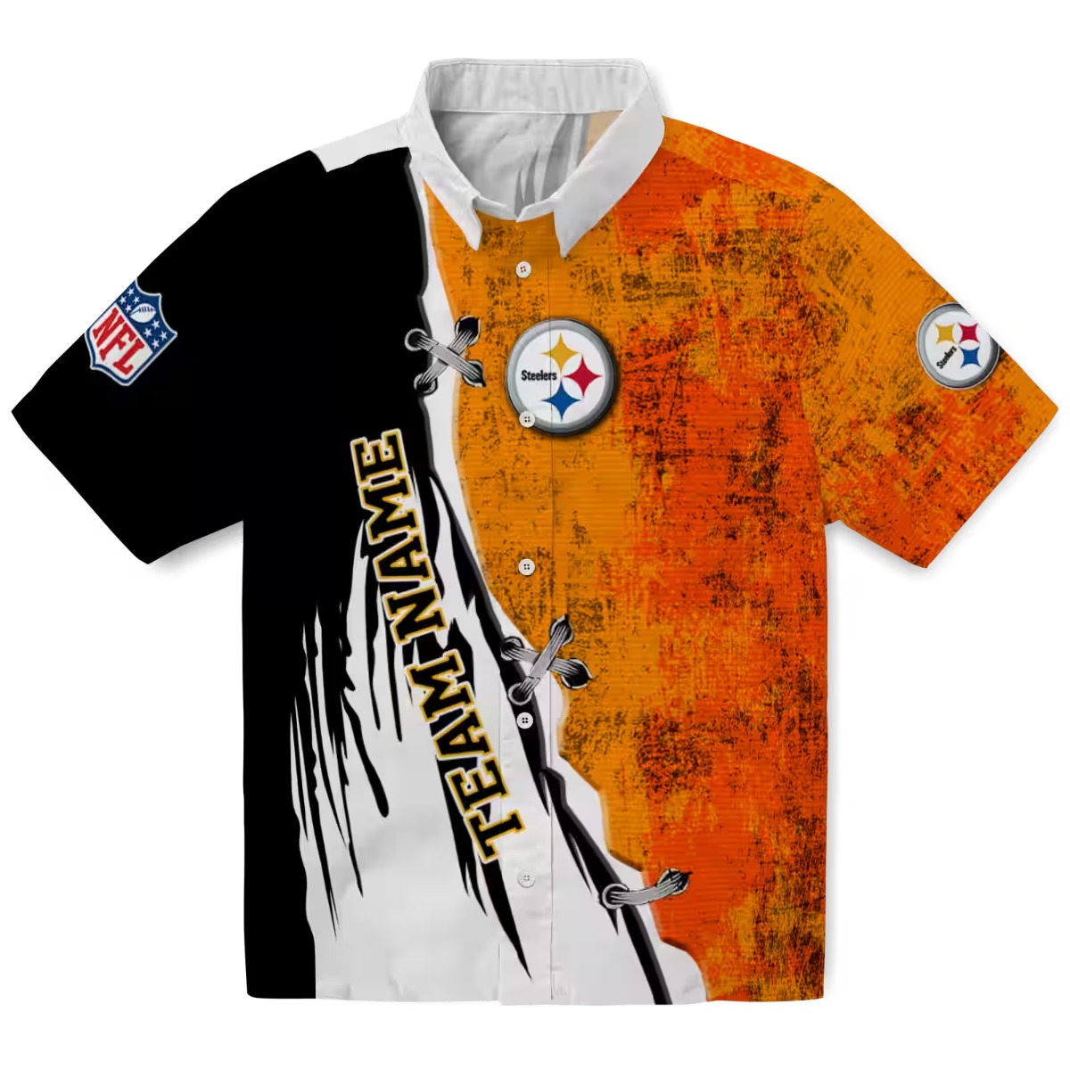 Unisex Pittsburgh Steelers Hawaiian Shirt - Edgy Split Black Gold Distressed Design with Team Logo NFL Shield