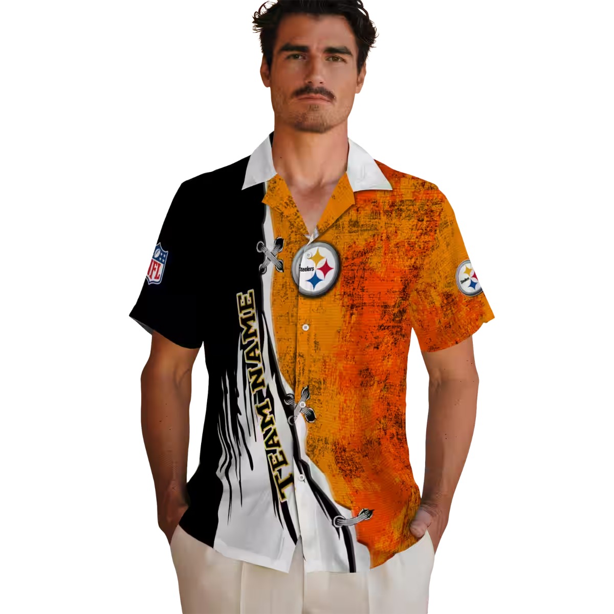 Unisex Pittsburgh Steelers Hawaiian Shirt - Edgy Split Black Gold Distressed Design with Team Logo NFL Shield