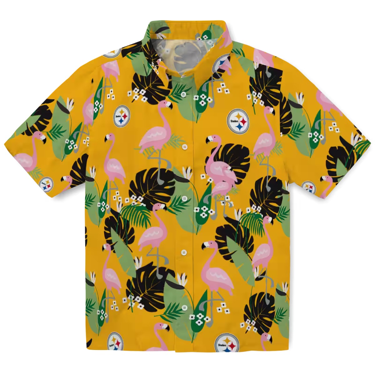 Unisex Pittsburgh Steelers Hawaiian Shirt - Gold Flamingo Tropical Leaf Print Button-Down