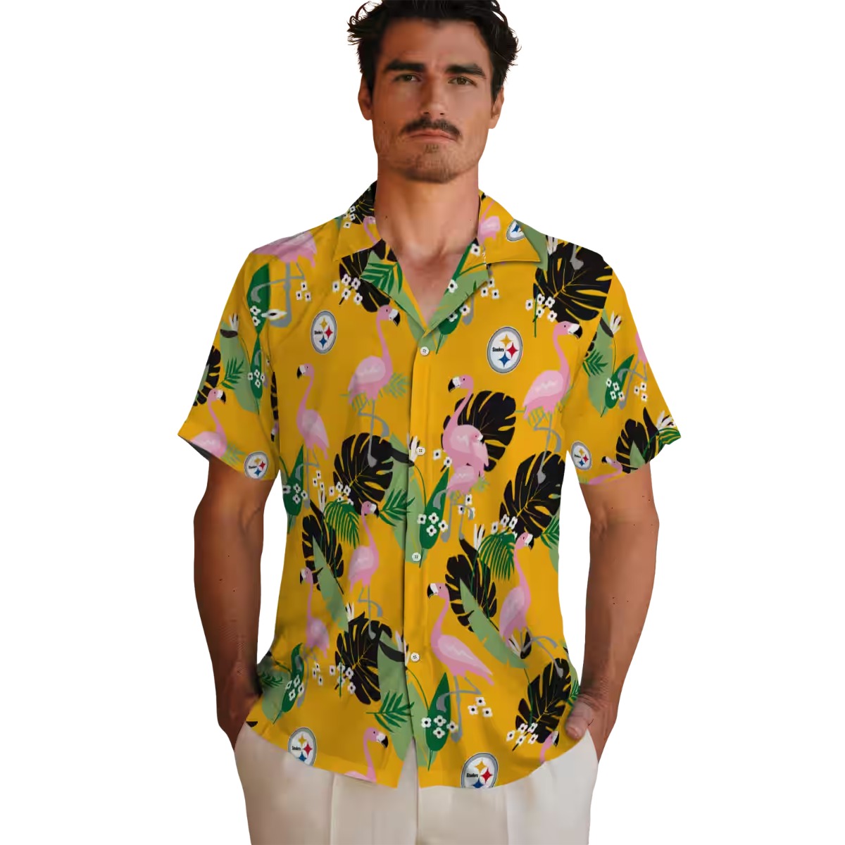 Unisex Pittsburgh Steelers Hawaiian Shirt - Gold Flamingo Tropical Leaf Print Button-Down