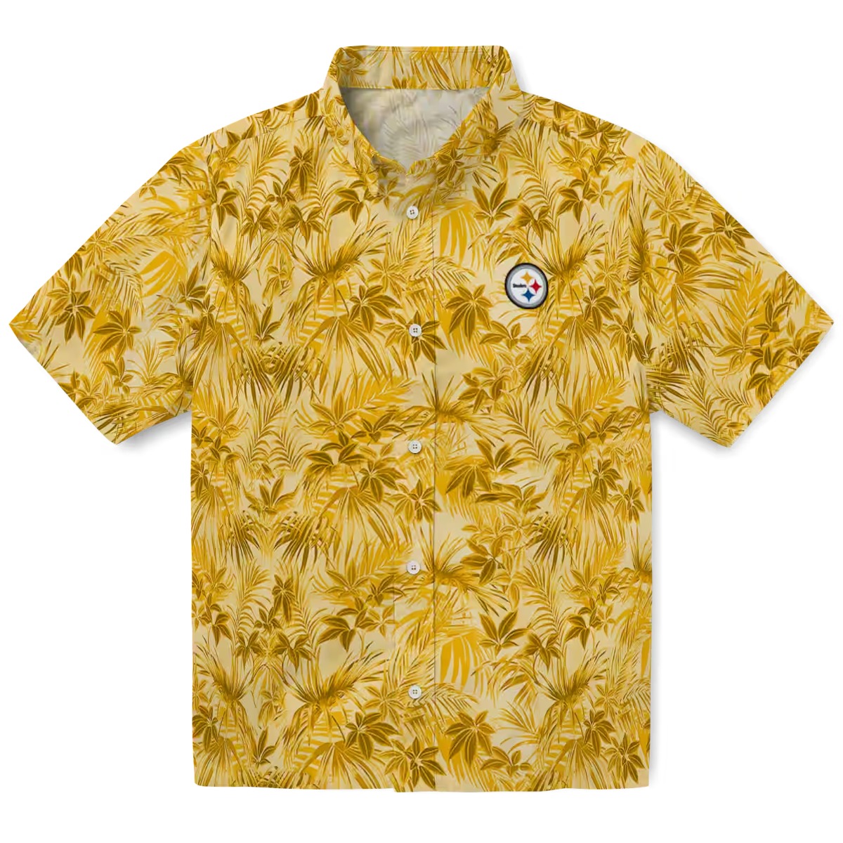 Unisex Pittsburgh Steelers Hawaiian Shirt Gold Leafy Tropical Print Short Sleeve Button-Down