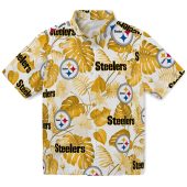 Unisex Pittsburgh Steelers Hawaiian Shirt Gold Tropical Plant Print With Logo And Text Casual Button Down 1 E9bw5.jpg - sohemix
