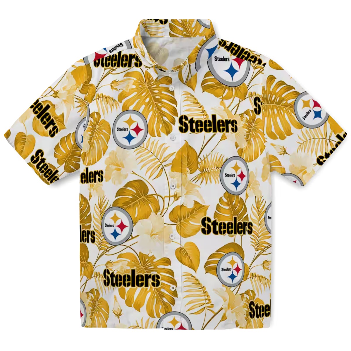 Unisex Pittsburgh Steelers Hawaiian Shirt Gold Tropical Plant Print with Logo and Text - Casual Button-Down