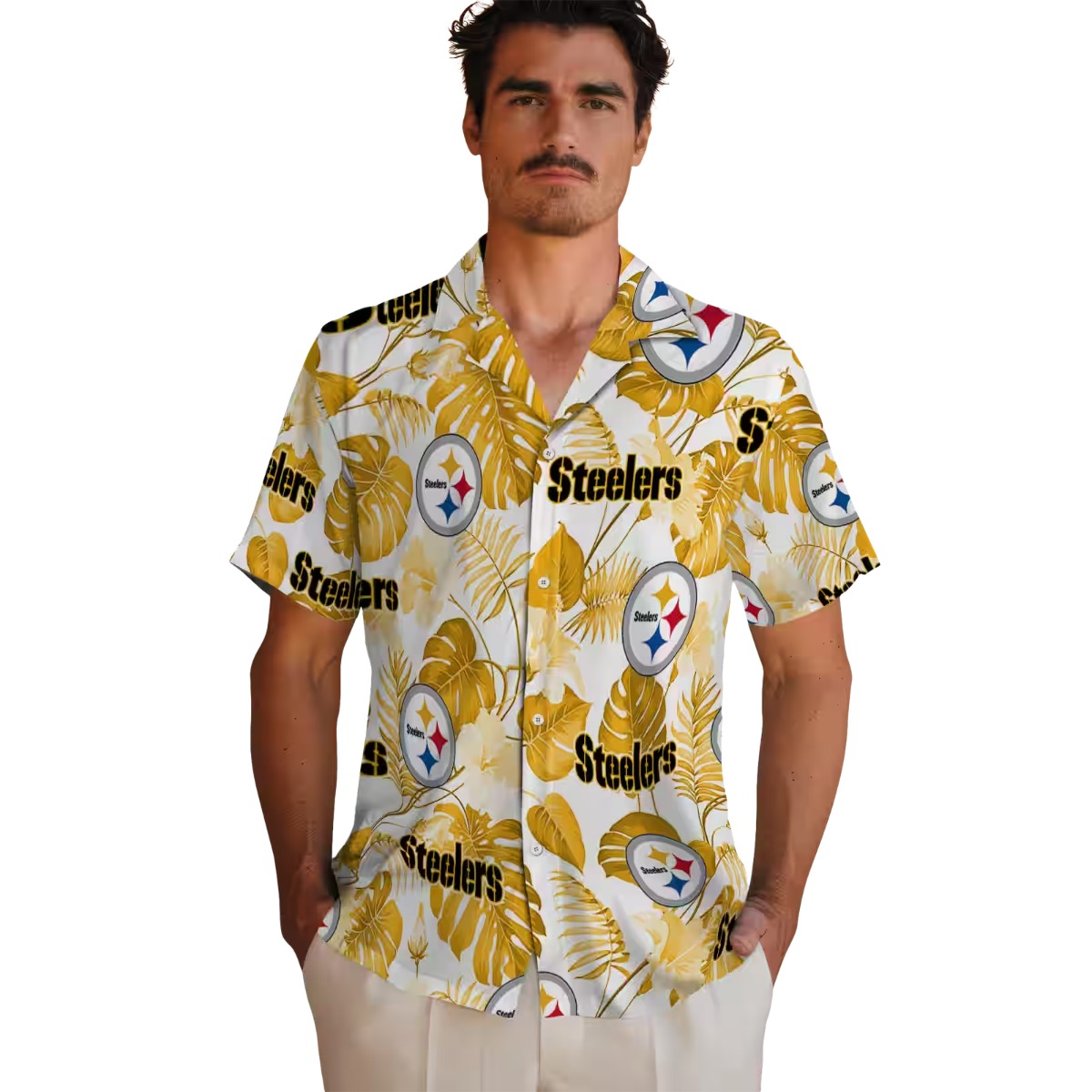 Unisex Pittsburgh Steelers Hawaiian Shirt Gold Tropical Plant Print with Logo and Text - Casual Button-Down