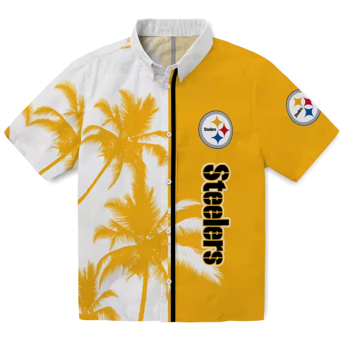Unisex Pittsburgh Steelers Hawaiian Shirt - Gold White Split Design with Palm Trees and Team Logo