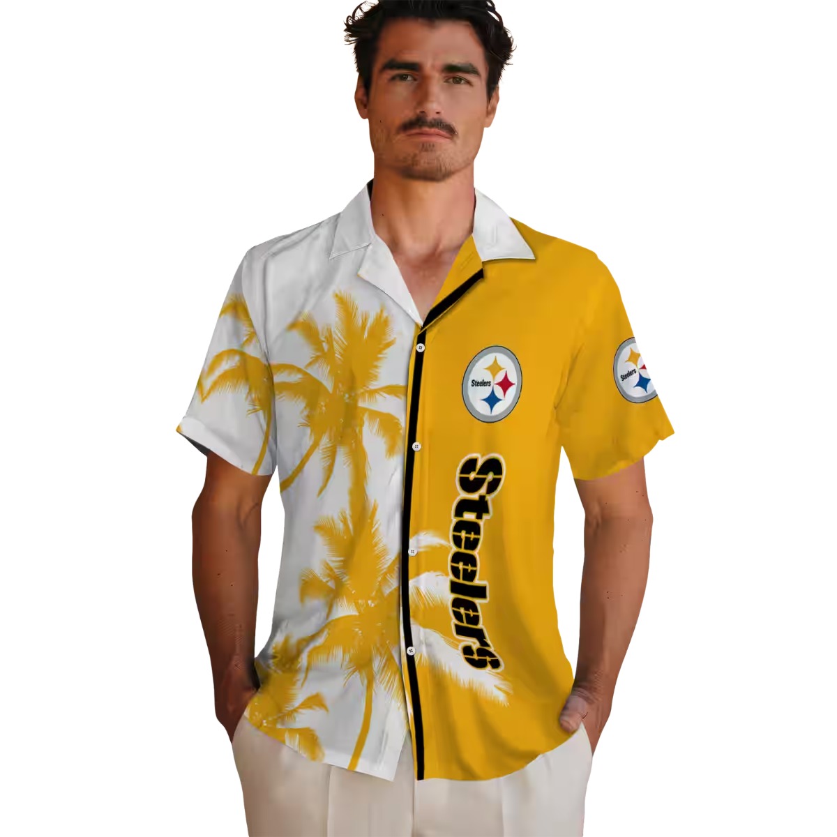 Unisex Pittsburgh Steelers Hawaiian Shirt - Gold White Split Design with Palm Trees and Team Logo