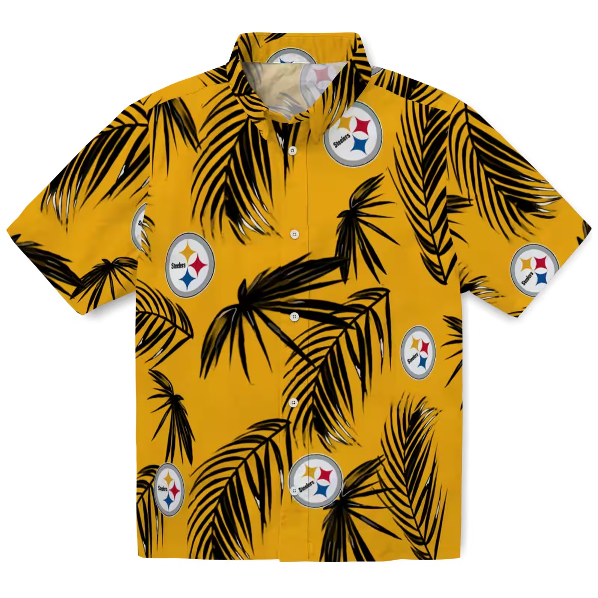 Unisex Pittsburgh Steelers Hawaiian Shirt Gold with Black Palm Leaf Tropical Print - Casual Button-Down Short Sleeve