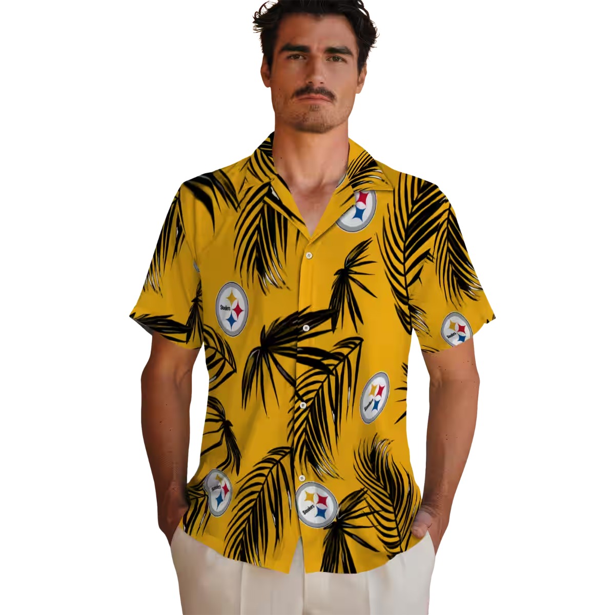 Unisex Pittsburgh Steelers Hawaiian Shirt Gold with Black Palm Leaf Tropical Print - Casual Button-Down Short Sleeve