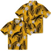 Unisex Pittsburgh Steelers Hawaiian Shirt Gold With Black Palm Leaf Tropical Print Casual Button Down Short Sleeve 3 X9628.jpg - sohemix