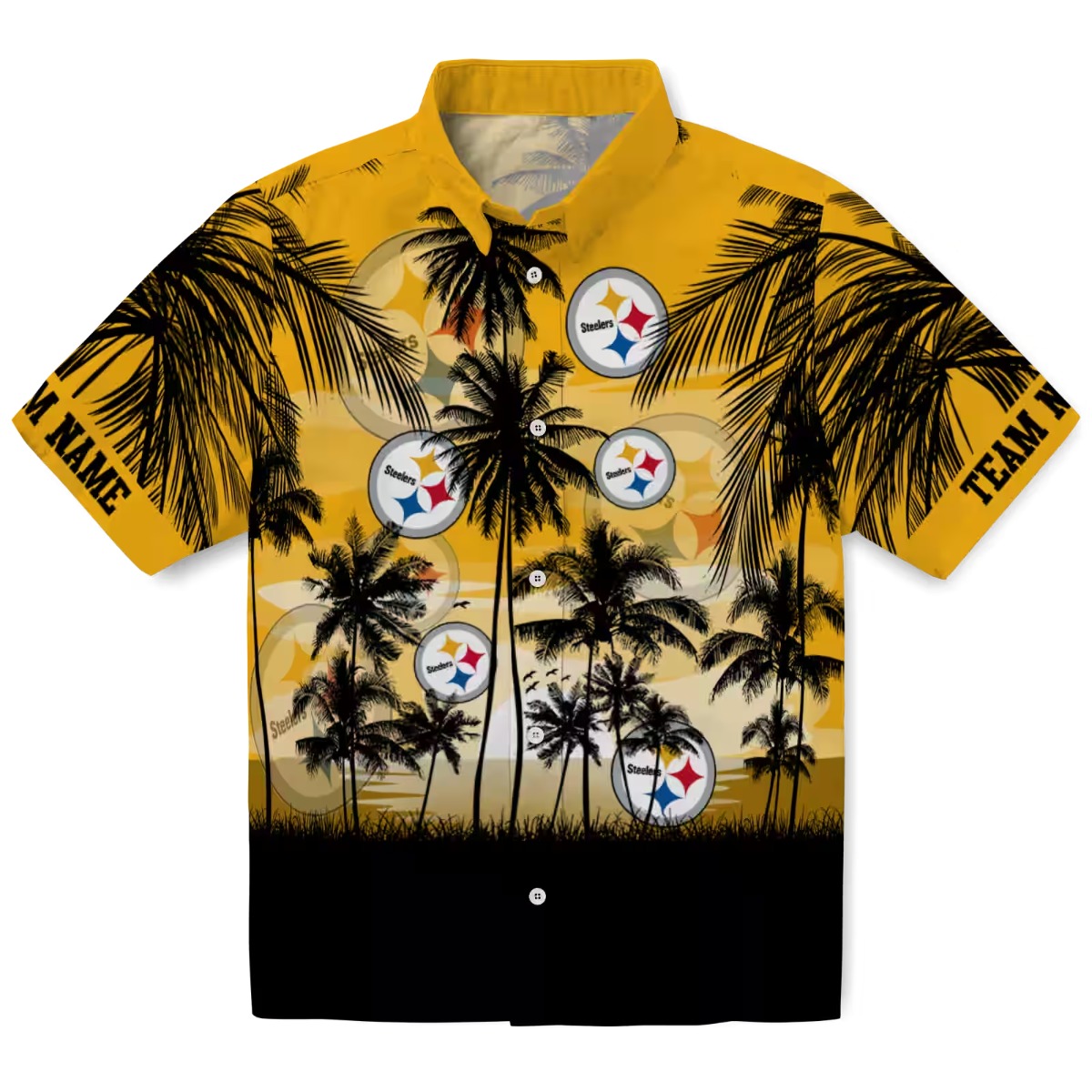 Unisex Pittsburgh Steelers Hawaiian Shirt - Gold Yellow Black Sunset Palm Tree Tropical Button-Down