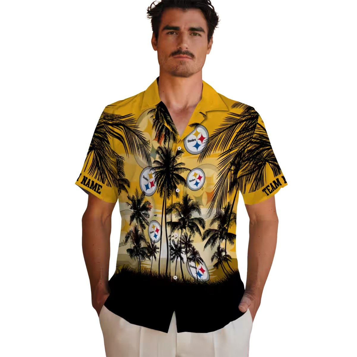 Unisex Pittsburgh Steelers Hawaiian Shirt - Gold Yellow Black Sunset Palm Tree Tropical Button-Down