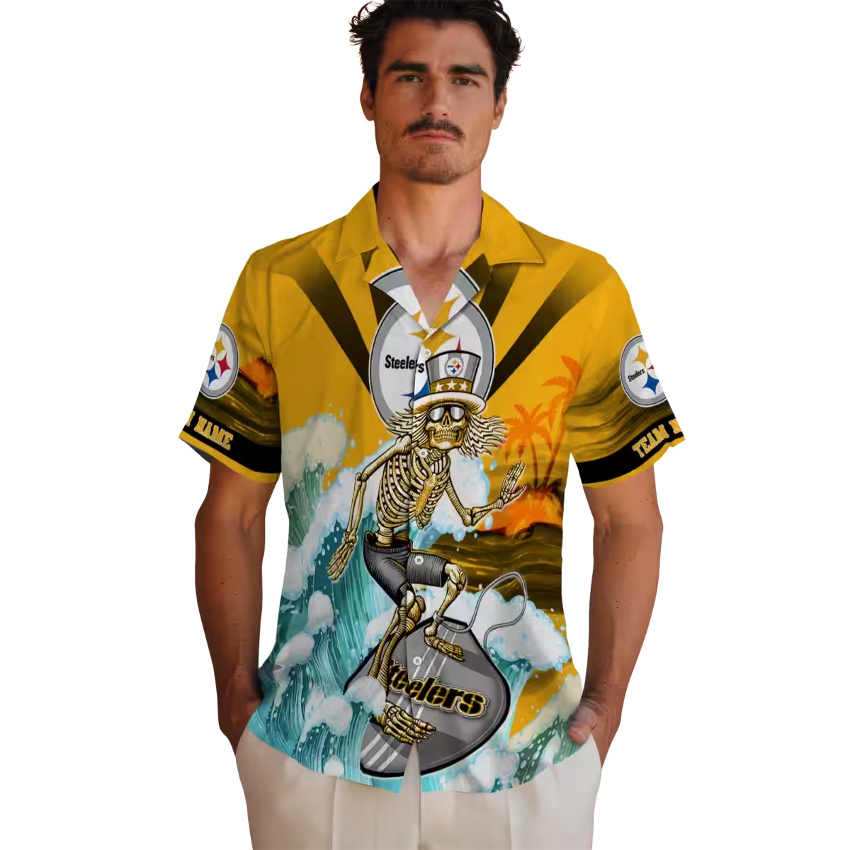 Unisex Pittsburgh Steelers Hawaiian Shirt Surfing Skeleton Tropical Beach Button-Down