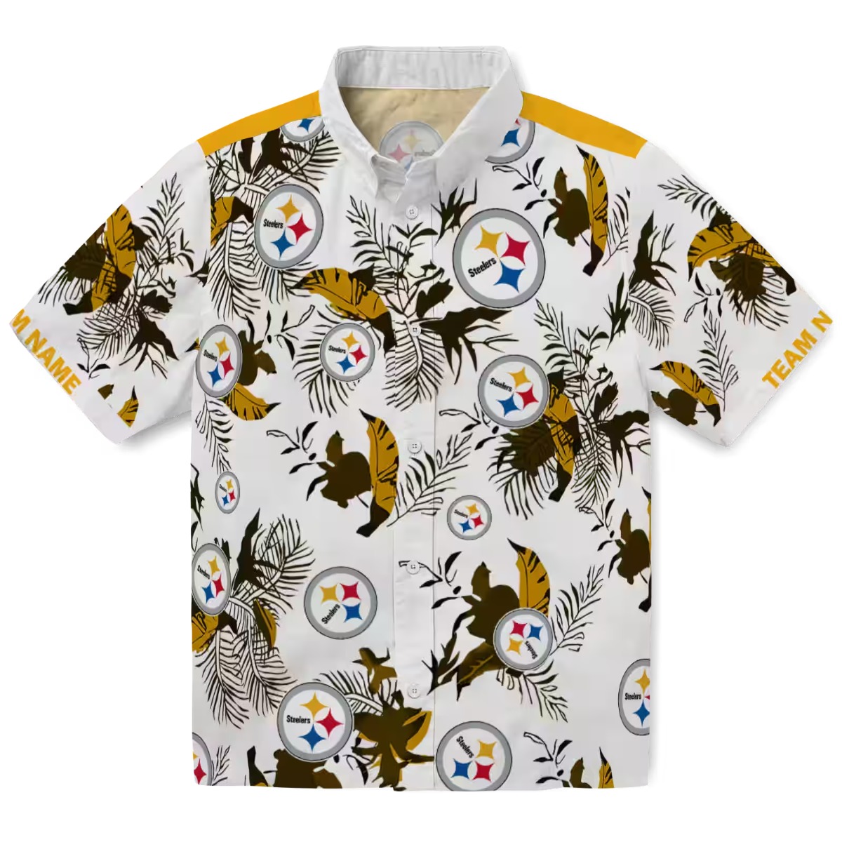 Unisex Pittsburgh Steelers Hawaiian Shirt Tropical Botanical Print White Gold Button Down