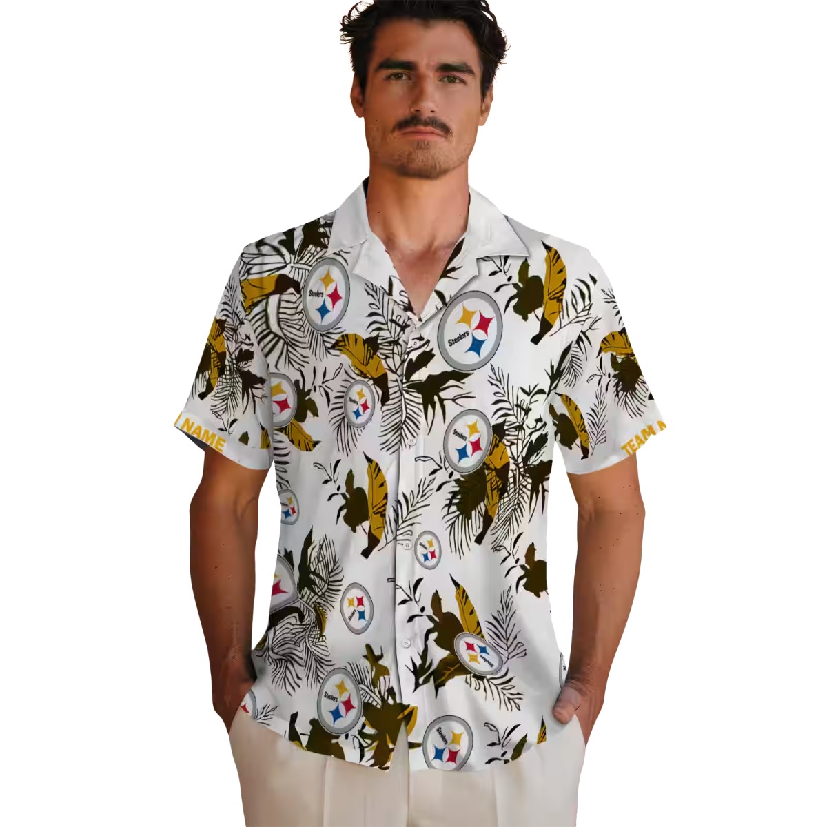 Unisex Pittsburgh Steelers Hawaiian Shirt Tropical Botanical Print White Gold Button Down