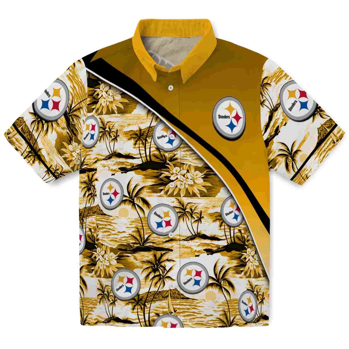 Unisex Pittsburgh Steelers Hawaiian Shirt Tropical Sunset Beach Palm Tree Print Gold Diagonal Stripe Casual Button-Down