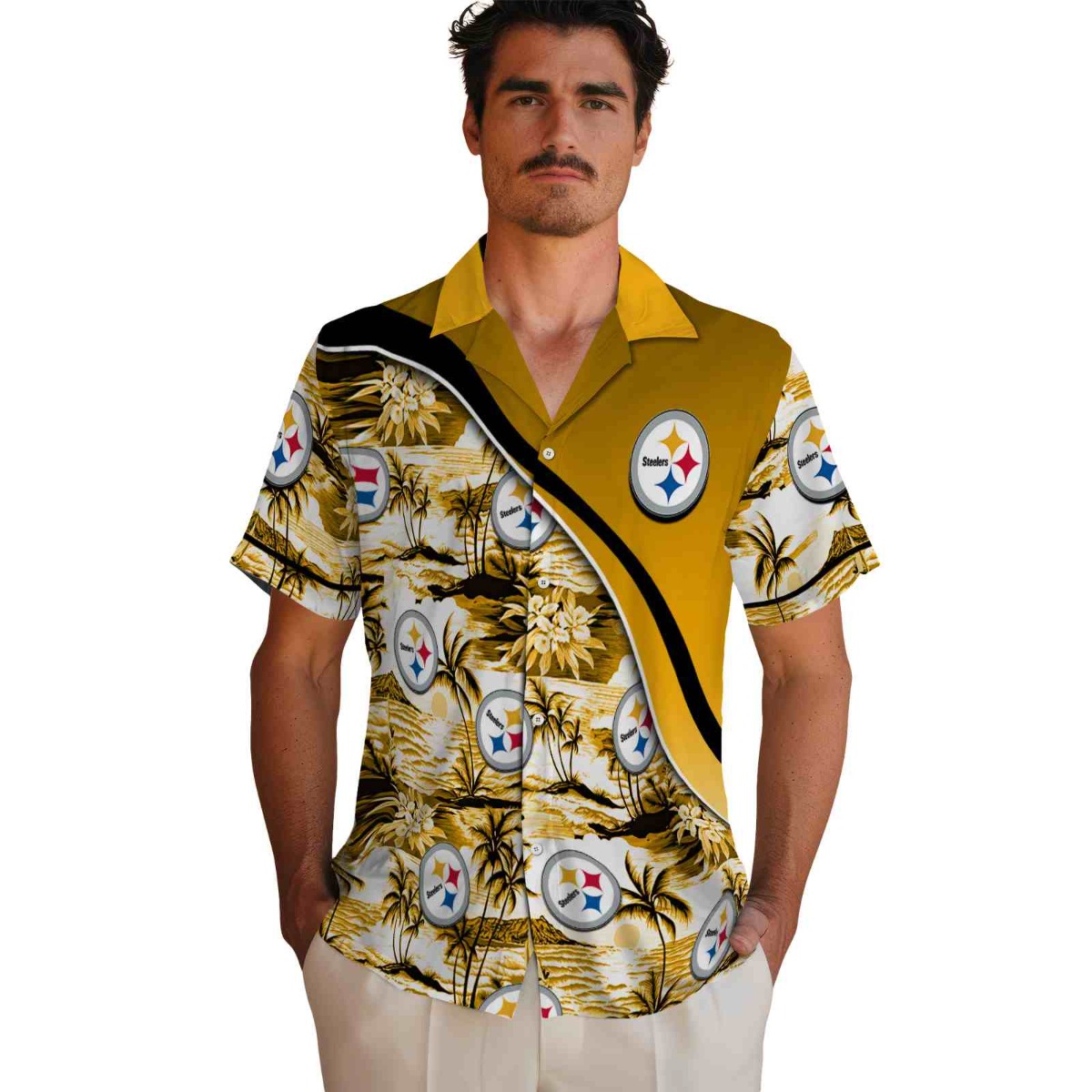 Unisex Pittsburgh Steelers Hawaiian Shirt Tropical Sunset Beach Palm Tree Print Gold Diagonal Stripe Casual Button-Down